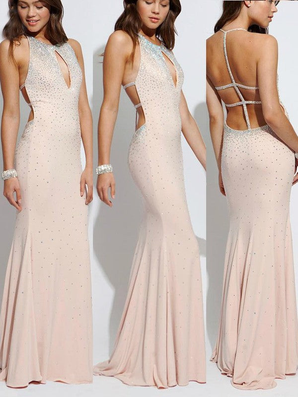 Sheath Jersey Halter Sleeveless Sweep/Brush Train With Beading Prom Dress