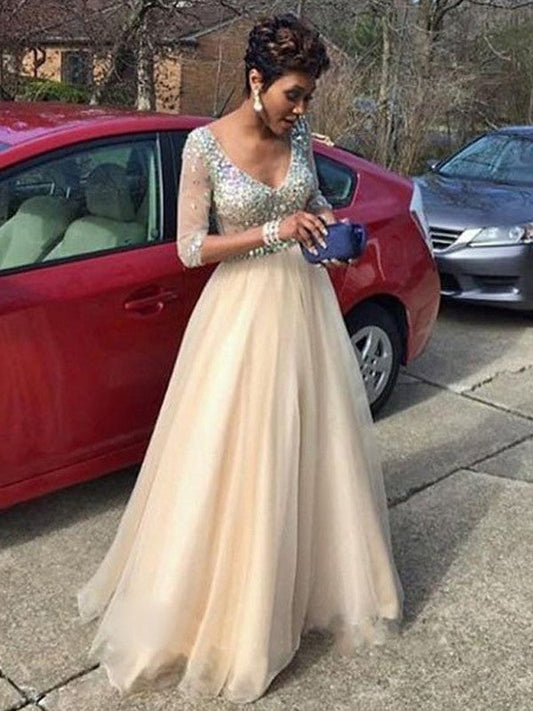 A-Line Tulle V-neck Long Sleeves Floor-Length With Beading Prom Dress