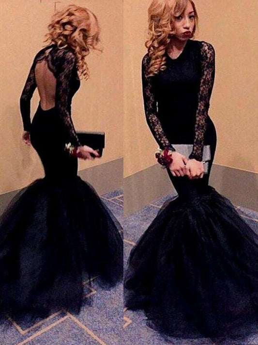 Mermaid Tulle Scoop Long Sleeves Floor-Length With Lace Prom Dress