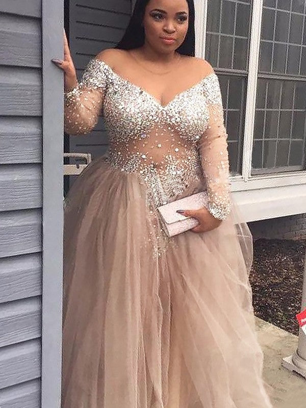 Ball Gown Tulle Off-the-Shoulder Long Sleeves Floor-Length With Sequin Prom Dress