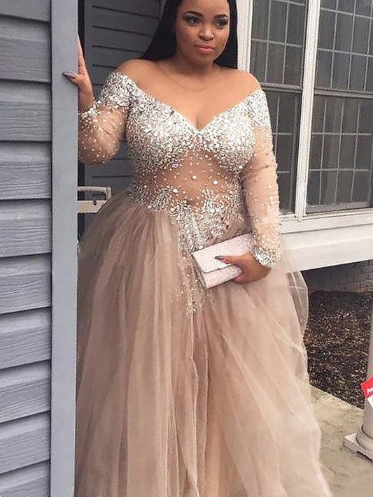 Ball Gown Tulle Off-the-Shoulder Long Sleeves Floor-Length With Sequin Prom Dress