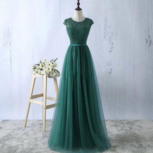 A-Line Tulle Scoop Sleeveless Floor-Length With Lace Prom Dress