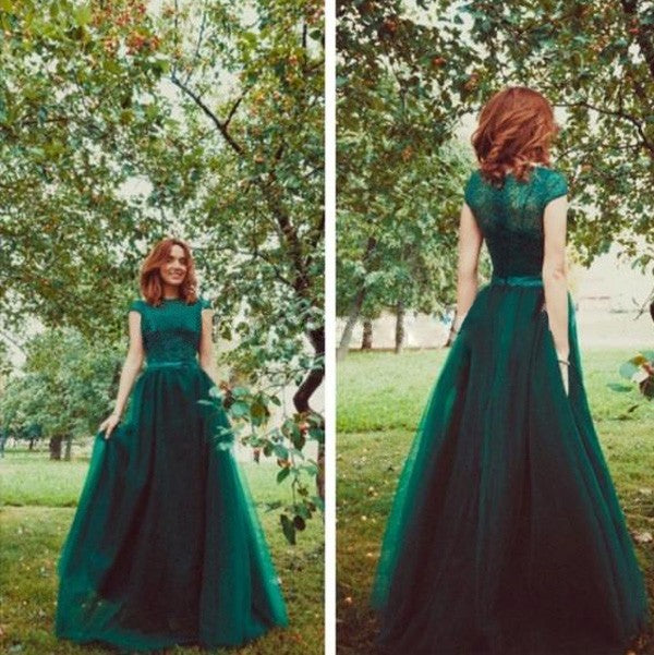 A-Line Tulle Scoop Sleeveless Floor-Length With Lace Prom Dress