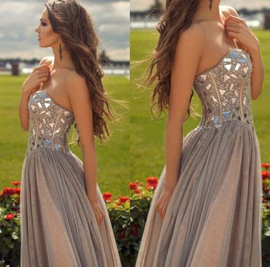 A-Line Tulle Sweetheart Sleeveless Floor-Length With Beading Prom Dress