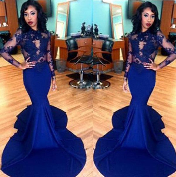 Mermaid Elastic Woven Satin Scoop Long Sleeves Sweep/Brush Train With Lace Prom Dress