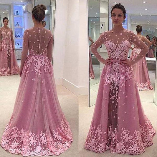 A-Line Tulle Scoop Long Sleeves Floor-Length With Applique Prom Dress