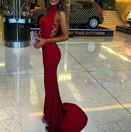 Mermaid Spandex High Neck Sleeveless Sweep/Brush Train With Ruffles Prom Dress