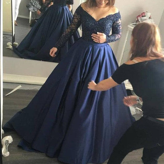 Ball Gown Satin Off-the-Shoulder Long Sleeves Sweep/Brush Train With Beading Prom Dress