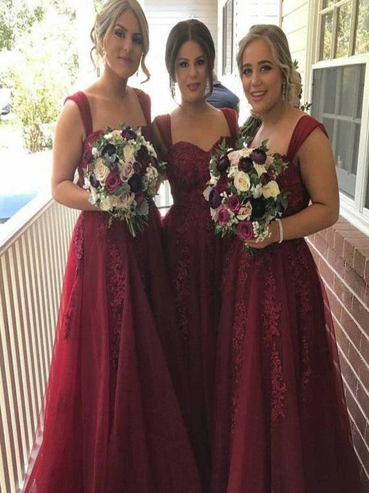 A-Line Tulle Straps Sleeveless Floor-Length With Applique Bridesmaid Dresses