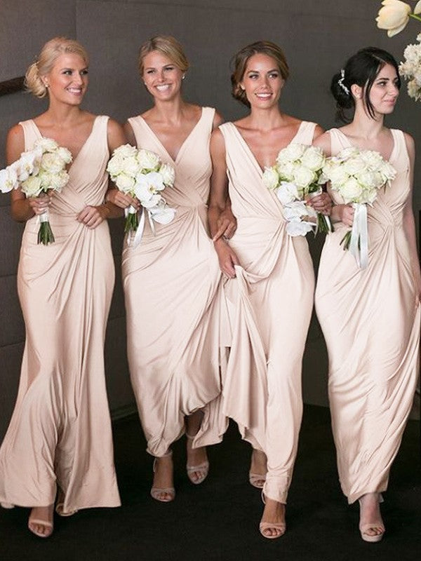 A-Line Jersey V-neck Sleeveless Floor-Length With Ruched Bridesmaid Dresses