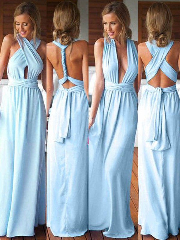 A-Line Halter Sleeveless Floor-Length With Ruched Convertible Bridesmaid Dresses