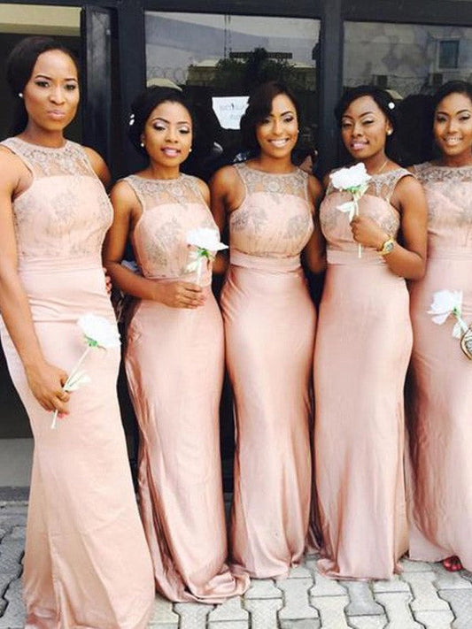 Mermaid Elastic Woven Satin Scoop Sleeveless Floor-Length With Applique Bridesmaid Dresses