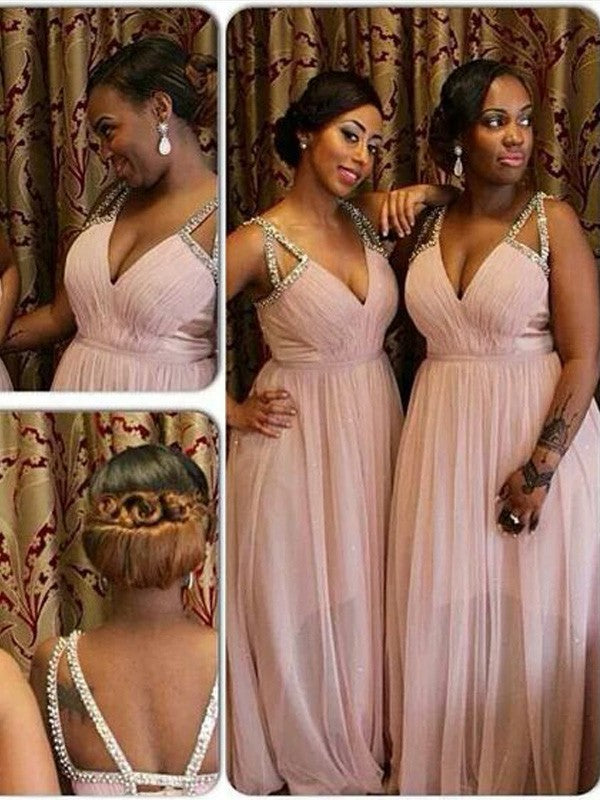 A-Line Chiffon V-neck Sleeveless Floor-Length With Beading Bridesmaid Dresses