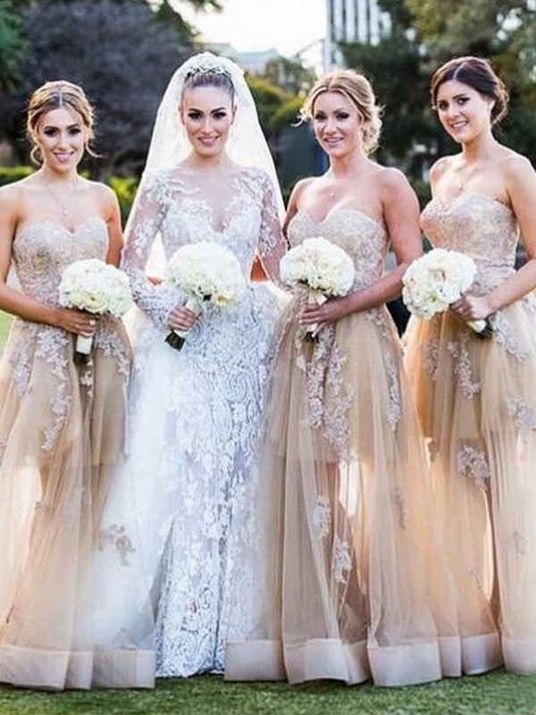 A-Line Tulle Sweetheart Sleeveless Floor-Length With Applique Bridesmaid Dresses