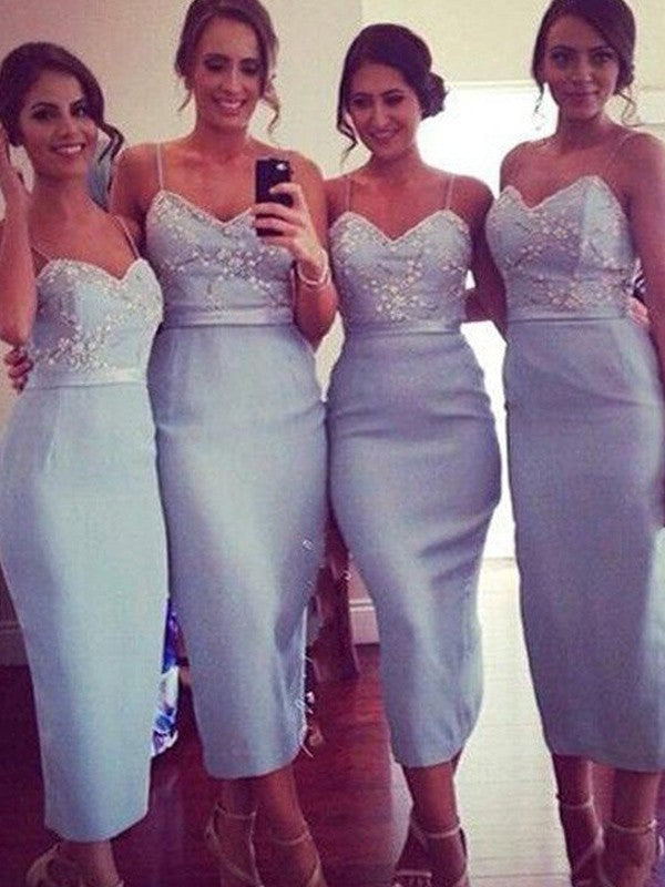 Sheath Satin Spaghetti Straps Sleeveless Knee-Length With Beading Bridesmaid Dresses