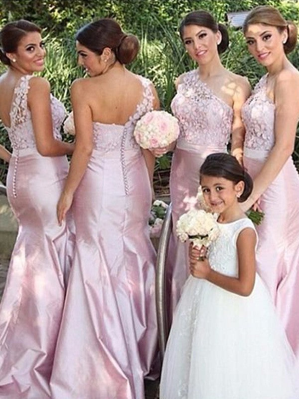 Mermaid Elastic Woven Satin One-Shoulder Sleeveless Floor-Length Bridesmaid Dresses