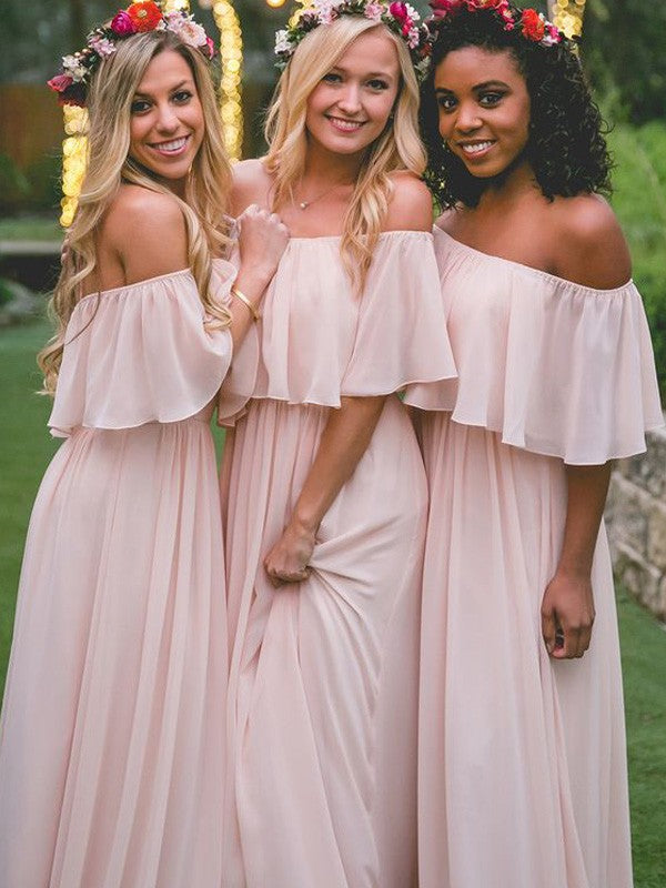 A-Line Chiffon Off-the-Shoulder Sleeveless Floor-Length With Layers Bridesmaid Dresses