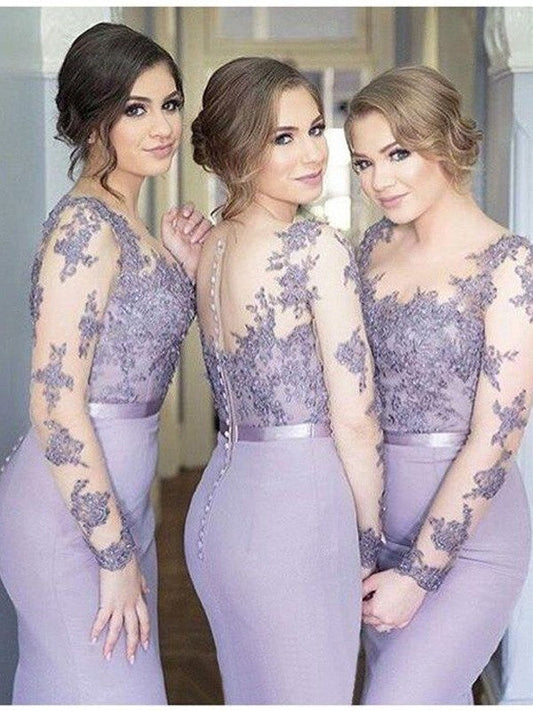 Mermaid Stretch?Crepe Scoop Long Sleeves Floor-Length With Lace Bridesmaid Dresses