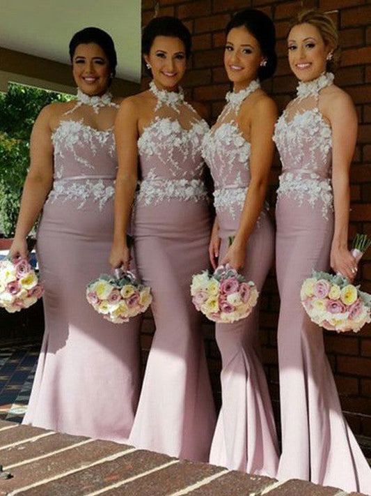 Mermaid Stretch Crepe Halter Sleeveless Floor-Length With Beading Bridesmaid Dresses