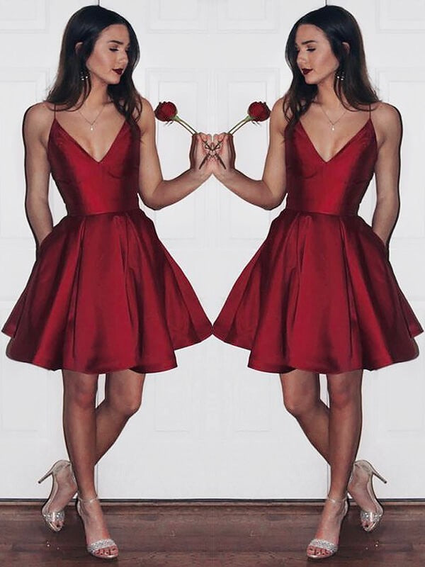 A-Line Satin V-neck Sleeveless Short/Mini With Ruffles Prom Dress