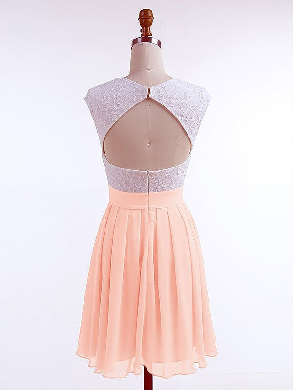 A-Line Chiffon Jewel Sleeveless Short/Mini With Lace Homecoming Dress