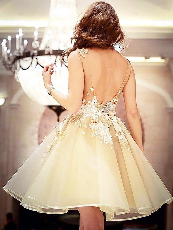 A-Line Organza Scoop Sleeveless Short/Mini With Applique Homecoming Dress