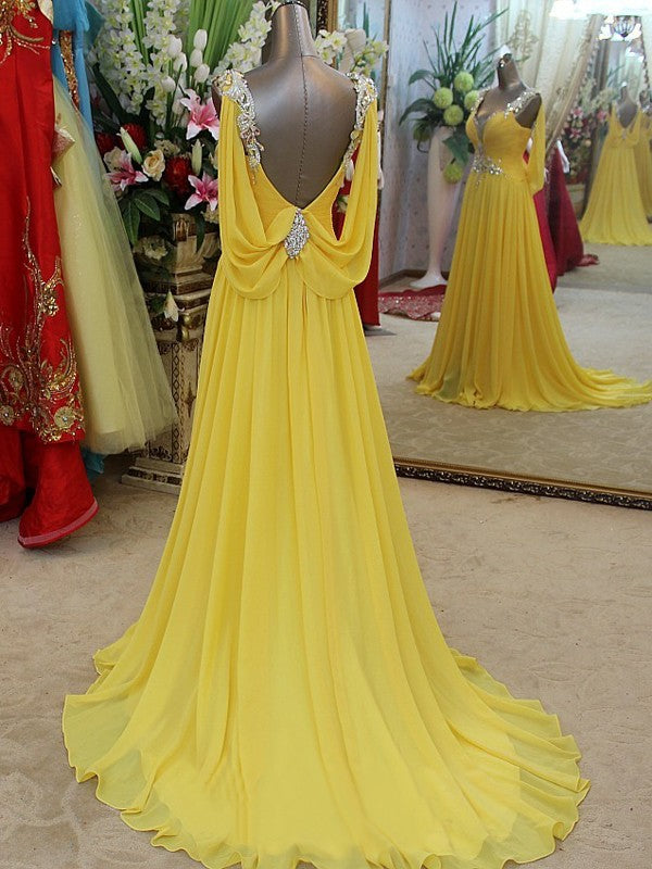 A-Line Chiffon Straps Sleeveless Sweep/Brush Train With Beading Prom Dress