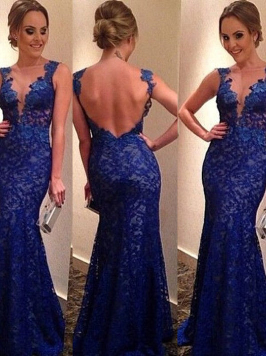 Mermaid Lace V-neck Sleeveless Sweep/Brush Train With Applique Prom Dress