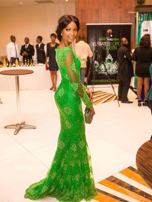 A-Line Satin High Neck Long Sleeves Floor-Length With Applique Prom Dress