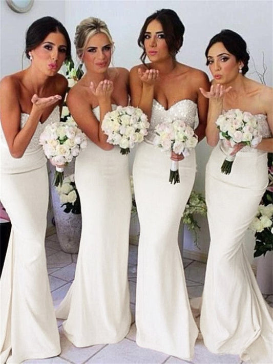 Mermaid Silk like Satin Sweetheart Sleeveless With Beading Bridesmaid Dresses