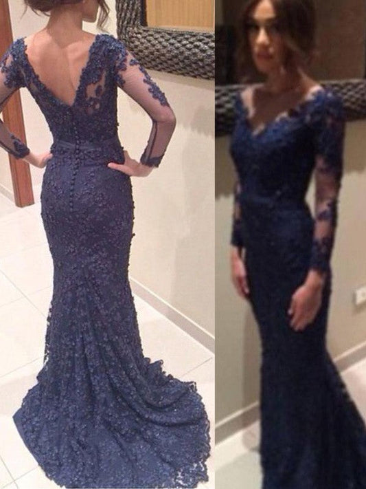 Mermaid Lace V-neck Long Sleeves Sweep/Brush Train With Applique Prom Dress