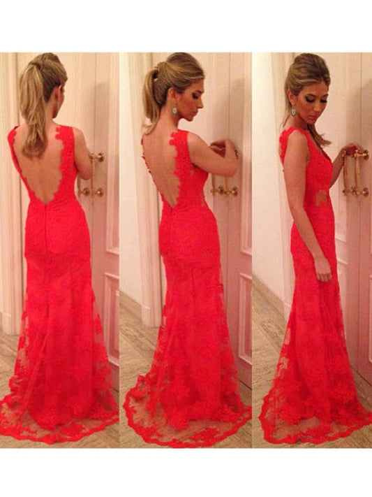 Mermaid Lace V-neck Sleeveless Floor-Length With Applique Prom Dress