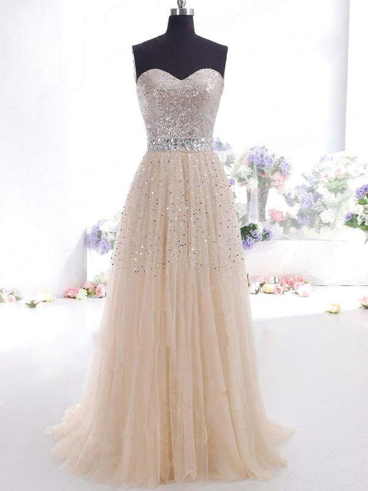 A-Line Tulle Sweetheart Sleeveless Sweep/Brush Train With Sequin Prom Dress