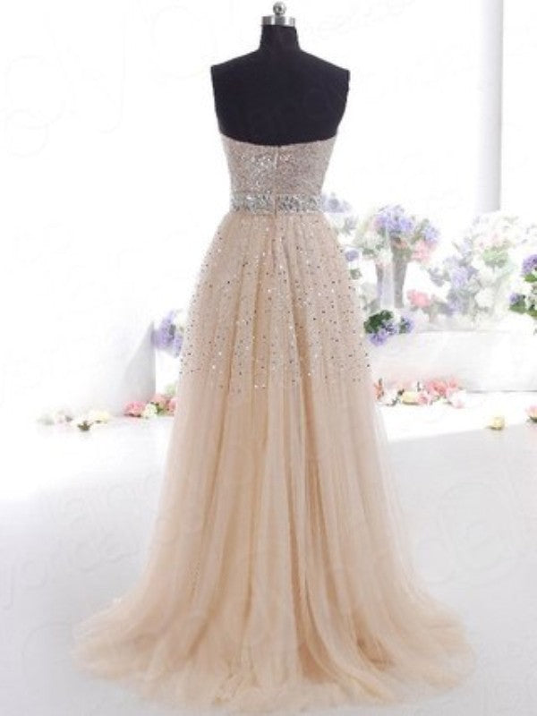 A-Line Tulle Sweetheart Sleeveless Sweep/Brush Train With Sequin Prom Dress