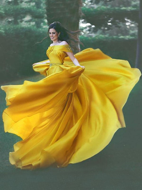 A-Line Off-the-Shoulder Sleeveless Sweep/Brush Train With Beading Satin Chiffon Prom Dress