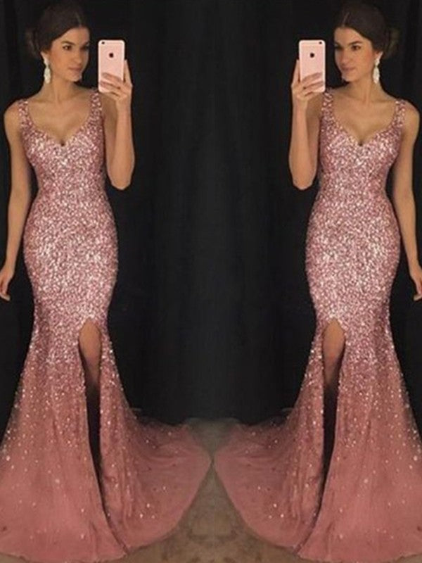 Sheath Sweetheart Sleeveless Sweep/Brush Train Sequin Tulle Prom Dress
