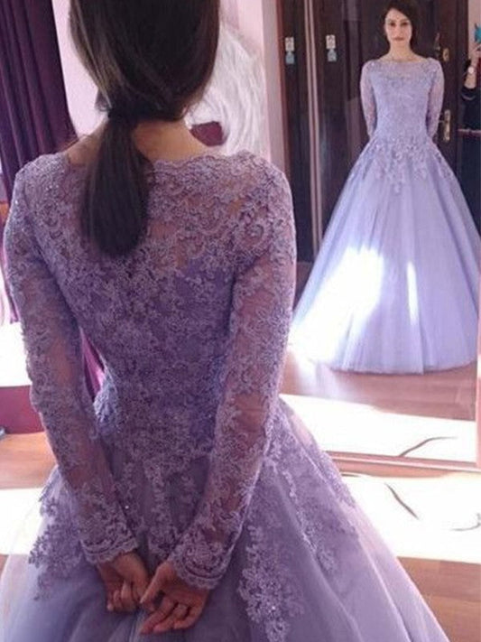 Ball Gown Jewel Long Sleeves Floor-Length Lace Tulle Prom Dress