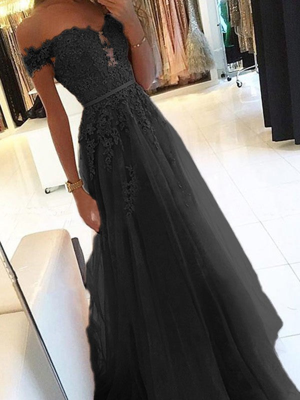 A-Line Off-the-Shoulder Sleeveless Floor-Length With Applique Tulle Prom Dress