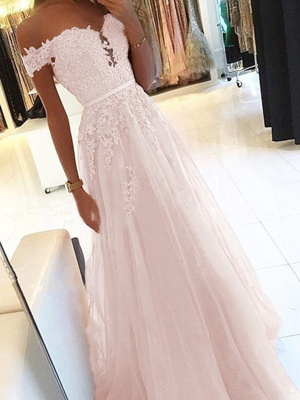 A-Line Off-the-Shoulder Sleeveless Floor-Length With Applique Tulle Prom Dress