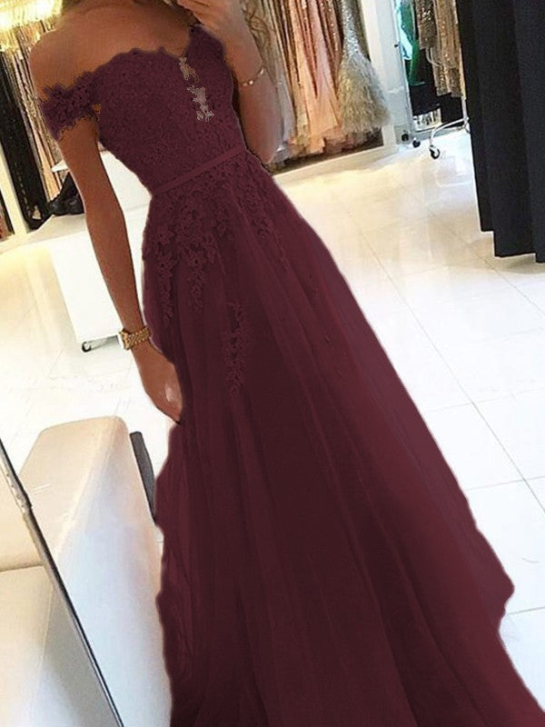A-Line Off-the-Shoulder Sleeveless Floor-Length With Applique Tulle Prom Dress