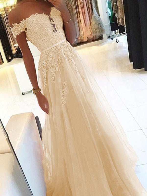 A-Line Off-the-Shoulder Sleeveless Floor-Length With Applique Tulle Prom Dress