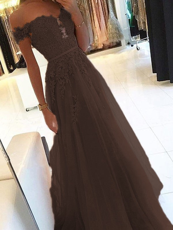 A-Line Off-the-Shoulder Sleeveless Floor-Length With Applique Tulle Prom Dress