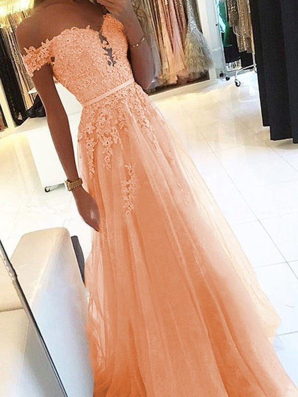 A-Line Off-the-Shoulder Sleeveless Floor-Length With Applique Tulle Prom Dress