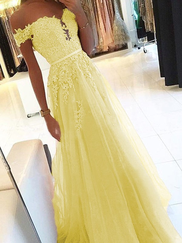 A-Line Off-the-Shoulder Sleeveless Floor-Length With Applique Tulle Prom Dress