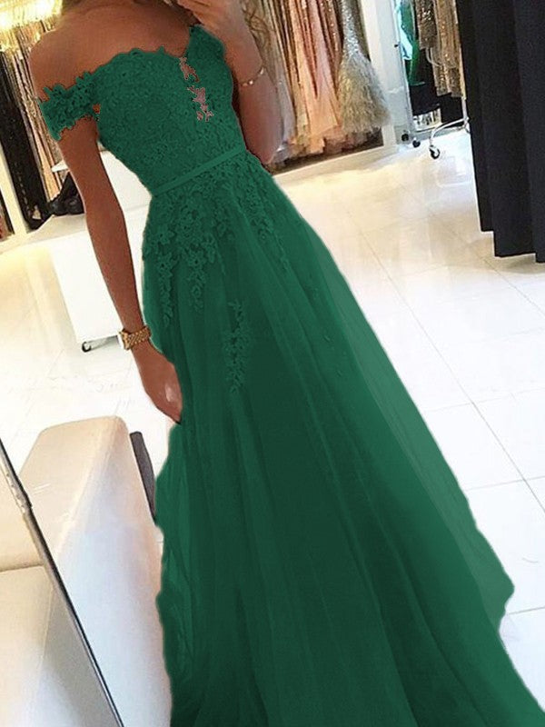 A-Line Off-the-Shoulder Sleeveless Floor-Length With Applique Tulle Prom Dress