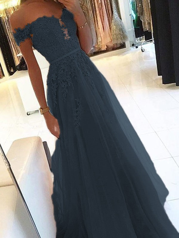 A-Line Off-the-Shoulder Sleeveless Floor-Length With Applique Tulle Prom Dress
