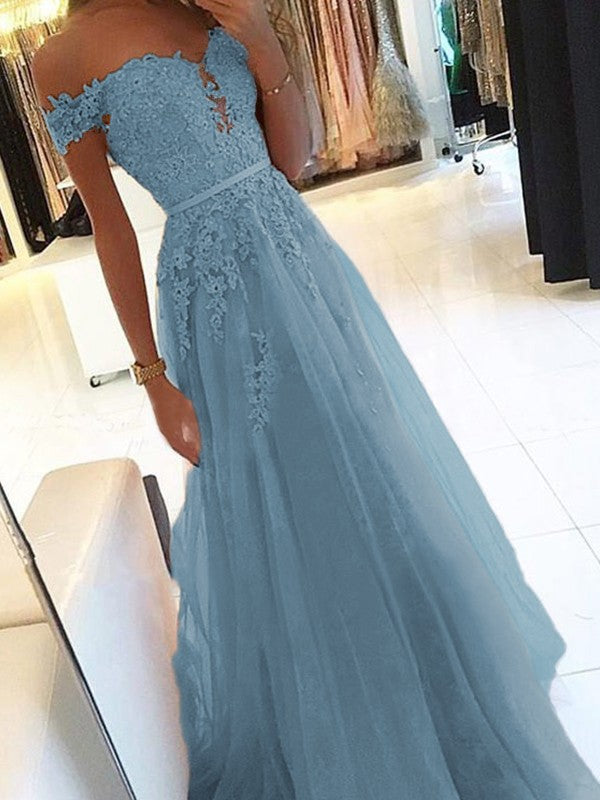 A-Line Off-the-Shoulder Sleeveless Floor-Length With Applique Tulle Prom Dress