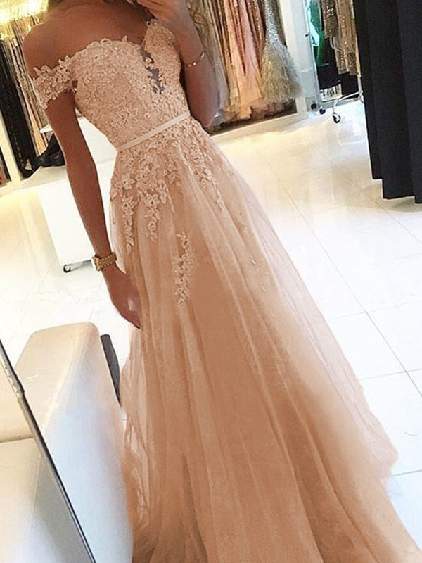 A-Line Off-the-Shoulder Sleeveless Floor-Length With Applique Tulle Prom Dress