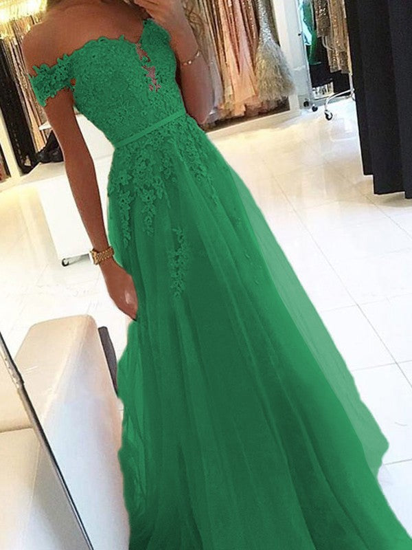 A-Line Off-the-Shoulder Sleeveless Floor-Length With Applique Tulle Prom Dress