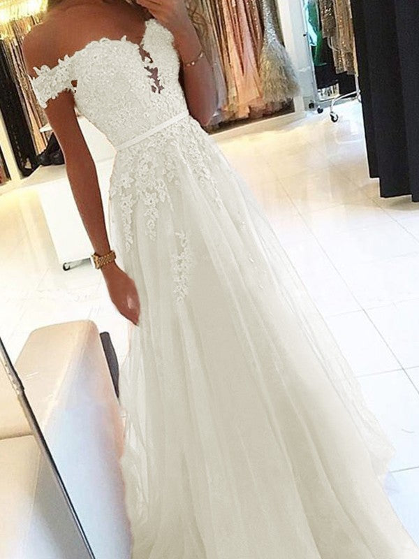 A-Line Off-the-Shoulder Sleeveless Floor-Length With Applique Tulle Prom Dress